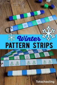 FREE printable Winter themed pattern strips for preschoolers to practice their math and fine motor skills. Perfect for an indoor Winter activity when stuck indoors, or for a math center in the classroom!