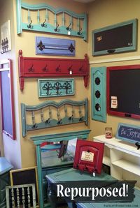 Head and footboards repurposed in to coat racks, and cabinet doors repurposed into chalk boards! From Facelift Furntiure's DIY Blog