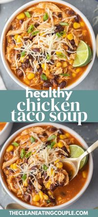 This Easy Chicken Taco Soup Recipe is so delicious! Make it in your instant pot, crock pot or on the stove for a quick, healthy dinner! Made with no cream cheese, this recipe is weight watchers friendly (zero points!) and so simple to make.