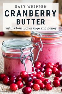 This whipped cranberry butter is so easy to make. It's a perfect holiday condiment, or when you have leftover cranberries to use up. This is a great spread to use on cornbread, toast, and bagels. Also a beautiful homemade hostess gift! Recipe on www.theworktop.com. #cranberries #butter #whippedbutter #recipe