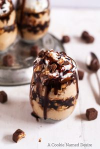 No Bake Snickers Cheesecake Parfait with Bailey's Hot Fudge Sauce | A Cookie Named Desire