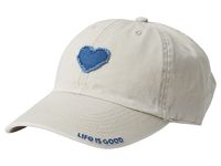 Life is Good Heart Tattered Chill Cap - Caps : Bone : Look stylish sporting the Life is Good Heart Tattered Chill Cap. It comes with a heart-shaped design on front. Metal buckle snap closure with pull-through. Adjustable strap. Button on top. Pull-on style. 100% cotton. Wipe clean. Imported. Measurements: Brim: 3 in