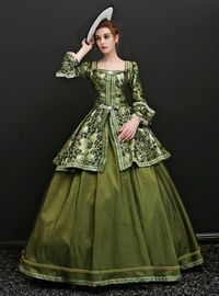 Green Ball Gown Satin Print Long Sleeve Drama Show Vintage Dress