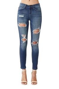 Judy Blue Heavy Destroyed Mid Rise Skinny JeansDestroyed Skinny Mid-rise Inseam: 29" Rise: 9"Dark Blue Denim Style# 82108