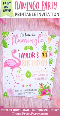 FLAMINGO PARTY INVITATION printable. DIY a cute tropical pink flamingo theme party with these printables. Edit and print at home. Perfect for birthdays, baby showers, & bridal showers. See the full editable flamingo theme printable package for more DIY ideas! Favor box, decorations, cupcake toppers & wrappers, banners, water bottle wrappers. Customizable party supplies - Press Print Party! #flamingoparty #flamingodecor #birthdayparty #bridalshower #babyshower #invitations #pressprintparty