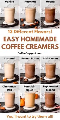 Transform your coffee routine with my easy recipe for homemade coffee creamers, featuring 13 luxurious flavors! From classic vanilla to indulgent Irish cream, these creamers add a touch of luxury to your coffee, they are so easy to make with just a few simple ingredients and 5 minutes of time. Perfect for any coffee lover looking to try something new! Why not try all 13 flavors! #coffeecreamer