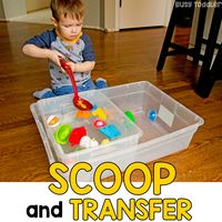 WATER SCOOP AND TRANSFER - A fun and simple life skills activity; taby activity; toddler activity; activity for two year olds; indoor activity; montessori activity; quick and easy activity; rainy day activity from Busy Toddler