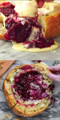 This tear apart Baked Cranberry Brie Bread Bowl is a beautiful holiday party appetizer. Melty brie and sweet tart cranberry sauce are a match made in heaven! Great Appetizer for New Years Eve, or Christmas Dinner! #bakedbrie #breadbowl #appetizer #bread #thanksgiving #thanksgivingrecipes #holiday #holidayrecipe #cranberry #brie #recipe #easyrecipe #christmasrecipe #newyearsrecipe