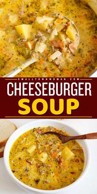 Have a bowl of this stovetop cheeseburger soup! You're going to love this easy fall comfort food. Not only is this delicious soup creamy and cheesy, but it is also loaded with ground beef, bacon, potatoes, and more! Save this cozy dinner recipe!