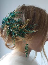 Green Envy Crystal Hair Vine Hair Piece Bridal Gold Hair Accessories & Earrings