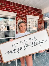 "Beautiful wooden sign! That says \"give it to God and go to sleep\" absolutely gorgeous! Perfect for over the bed and even the perfect touch for the guest bedroom! This sign measures 16x44! Can do custom! Just message me! The dimensions of sign isn't the actual size of the sign. Please add 1.5 inch to top and bottom to have the actual size! Example 10x24 will be 11.5x25.5 Everything you see in the shop is handmade by myself, from cutting all the wood, painting, stained, framing! I use 1/2 wood,