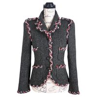 New famous Chanel grey tweed jacket with coral tartan trim : from Runway of Paris / EDINBURGH Collection As seen on Miroslava Duma! Size mark 38 FR. Never worn. - CC logo lionhead buttons - tonal silk lining with camellias