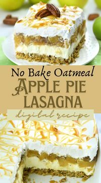 This no-bake combo of oats, pecans, caramel, apples, and warm spices will definitely make your day. No Bake pecan oatmeal crust with brown sugar and cinnamon, vanilla cream cheese layer, homemade apple pie filling, whipped cream, and caramel swirls, make this dessert perfect for fall. Layered no-bake desserts are my favorite. This digital recipe has everything you need to make a tasty cake.