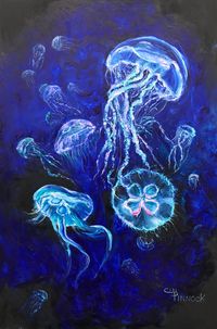 "This is a one of a kind, original oil painting of jellyfish, swimming above the coral reef. This was created using a unique blend of impressionistic fingerpainting and detailed brushwork by the artist, Cindy Pinnock. It is a 24 inch horizontal by 36 inch vertical oil painting on canvas it is framed in a black folding frame, wired and ready to display. Ships in 1 to 3 days, included with the shipment is a \" Certificate of Authenticity\" signed by the artist, Cindy Pinnock.  FREE SHIPPING."