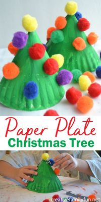 Make this fun and colorful Paper Plate Christmas Tree craft for kids or make several for a perfect kid-made Christmas decoration. #Christmas #kidscraft #CreativeFamilyFun