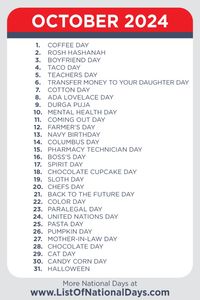 A printable list of national days for October 2024