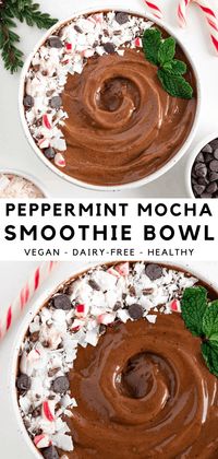 Peppermint mocha smoothie bowl is a festive recipe for the holiday season! It's thick and creamy, chocolatey, and contains a hint of peppermint extract. This Christmas smoothie is made with 5 ingredients, including cold brew coffee and cocoa powder. Add your favorite toppings, like crushed candy cane and chocolate chips! #smoothiebowl #peppermint #mocha #vegan #dairyfree #smoothie #christmasrecipes #holidayrecipes