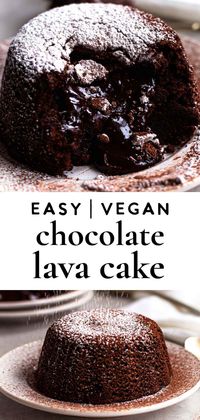 This is the best vegan chocolate lava cake recipe! It's so easy, foolproof and takes under an hour to make. This egg-free and dairy-free lava cake has a chocolate ganache molten center that's ooey-gooey and decadent. This recipes shows you exactly how to make this vegan molten lava cake step by step. This recipe is also perfect for two! It makes 2 to 3 small cakes, making it great for a date night or Valentine's Day! #cake #vegancake #lavacake #veganlavacake