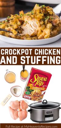 Crockpot Chicken and Stuffing Recipe- easy healthy meal for families. fall dinner meal idea or winter dinner meal recipe. Cold weather comfort food slow cooker chicken breasts and stovetop stuffing box recipe. Thanksgiving cheaper meal idea. Cream of chicken etc. Simple easy crock pot chicken and stuffing recipe.