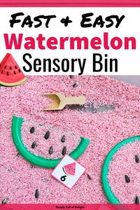 Looking for Watermelon sensory Activities?  Here's an easy Summer Watermelon Sensory Bin for preschool!  Kids can scoop, count, use tongs and more!  Such a fun way to encourage imaginative play and early math skills.  Check out the Watermelon theme sensory play here.