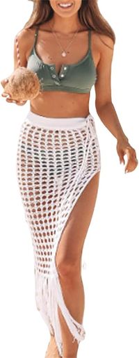 Women Sexy Hollow Out Mesh Tassle Skirts Beach Cover Up Summer Fish Net Swimsuit Wrap Sheer Maxi Sarong Swimwear (A-White, Small) at Amazon Women’s Clothing store