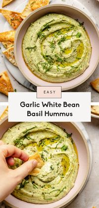 Delicious garlic basil white bean hummus made with flavorful garlic, zesty lemon juice, and fresh basil. This easy white bean hummus recipe is the perfect snack to pair with veggies, crackers, pita chips, and even to use as a spread or sauce!