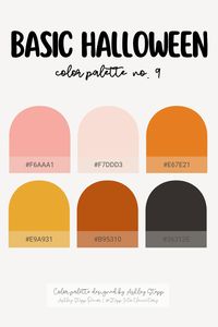 Color palette with muted, neutral Halloween-inspired colors: peach pink, light pink, mustard yellow, muted orange, burnt orange, and charcoal gray. Perfect for creating all your Halloween resources!