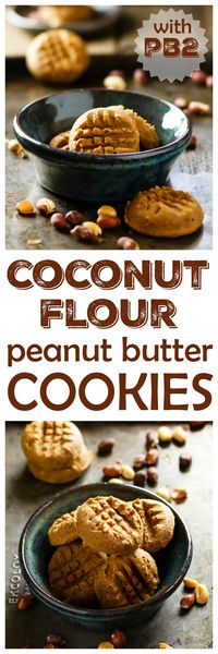 If you love coconut and peanut butter, my coconut flour peanut butter cookies are for you! I use PB2 for bold peanut butter taste with a lot less fat and calories. Vegan and gluten free! | eathealthyeathappy.com