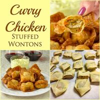 Curry Chicken Stuffed Wontons with Curry Cucumber Raita Dip. Your party guests will be asking for more of these crispy stuffed wontons with mildly spiced curry chicken inside. #newyearseve #christmasparty #partyfood #fingerfood