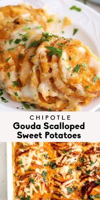 Incredible chipotle gouda scalloped sweet potatoes made with smoked gouda cheese and a kick of heat from chipotle chile sauce. You’ll love this lightened up, easy side dish for holiday brunches, dinners, and more! Easily gluten free and simple to make. #sweetpotatoes #thanksgiving #sidedish #vegetarian #gouda