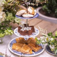 Tiered cake stand on blue and white transferware china. Featured in Martha Stewart!!