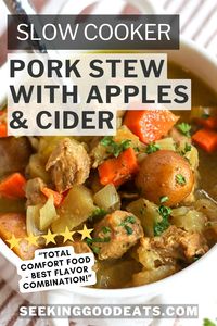 An easy and delicious slow cooker pork stew! This stew recipe as the most wonderful flavor combination with tender pork, apples, vegetables, cider, curry, and coconut. You'll love it!