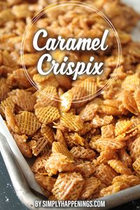 Caramel Crispix with caramel drizzled over the top and a crunchy bite. It should be called caramel crack because it’s truly addicting! Perfect as a snack to make with the kids, for holidays, or eat while watching a movie with your family!