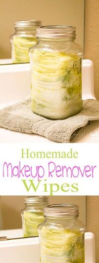 Homemade makeup remover wipes. 2 cup of water, 1 tbsp olive oil, 1 tbsp witch hazel, 10 drops lavender.: