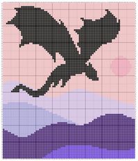 Custom designed, Dragon with Pink/Purple sunset C2C blanket pattern. 80x94 squares.