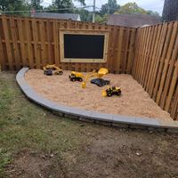 My wife wanted an outdoor play area for our grandchildren. She said, what about the girls? How about a giant chalkboard? We used an unused space in our yard and have this....