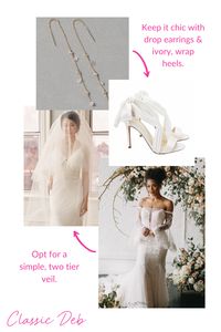 With a bold wedding dress like the Deb Gown, keep the accessories simple! Chic drop earrings and ivory heels provide balance to the dramatic look of the wedding gown. Go for a classic, but simple, 2-tier veil to finish your bridal look.