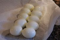 Who knew - add 1/2 tsp baking soda to the water when hard boiling eggs and the shell will come right off when you peel. This site has instructions for the perfect boiled egg.