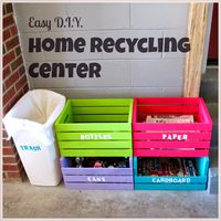 Easy D.I.Y. Home Recycling Center made from wooden crates: Bottles, Paper, Cans, Cardboard and Trash