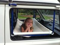 Kids will love hanging out in this front seat hammock made from PVC pipe. | 37 RV Hacks That Will Make You A Happy Camper