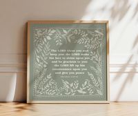 This is a print of my original floral leaf border drawing with the Bible verse "The Lord bless you and keep you; the Lord make his face shine on you and be gracious to you; the Lord turn his face toward you and give you peace." Numbers 6:24-26.  Beautiful Christian Scripture décor for any room of your home, or a lovely gift to give.   THE LORD BLESS YOU ART PRINT DETAILS ✔ Printed on lovely thick textured archival fine art matte paper ✔ Custom ordered and printed at a small fine art lab JUST for