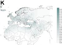 Frequency distribution maps for mtDNA haplogroups K - Haplogroup K (mtDNA) - Turkey, Caucasus, Romania, Ireland, Denmark