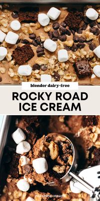 Dairy-free rocky road ice cream in the blender! Healthier ingredients, ultra creamy chocolate base, marshmallows, nuts, and a brownie chunk twist…