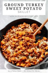 This Ground Turkey Sweet Potato Skillet will be ready to eat in less than 30 minutes, and you will be amazed by how flavourful it is. It’s a perfect one pan meal for your family to enjoy! #groundturkey #sweetpotatorecipe #groundturkeyrecipe