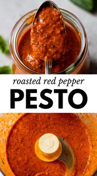 This easy Red Pepper Pesto is rich, smoky, and sweet, making it fantastic on everything! Use it as a pasta sauce, a topping for pizza, salad dressing, and so much more.