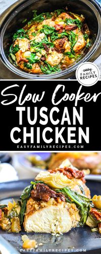 FAVE BUSY NIGHT DINNER! This Slow Cooker Tuscan Chicken is a grand slam on flavor. It is so delicious and so beautiful it is hard to believe it came out of a crock pot! Packed with chicken breast, sun dried tomatoes, spinach, and herbs, this dish is as easy as it is delicious. If you need a healthy veggie packed meal, this is it! Bonus- it is gluten free too!