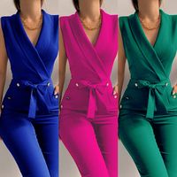 Women Casual V Neck Jumpsuits Button Lace Up Sleeveless Wide Leg Pants Streetwear Overalls Jumpsuit Women