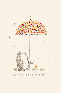 The perfect way to give someone an encouragement with a smile. this Cute little Hedgehog with an umbrella and sentiment says "Better Days Ahead"  SET OF 6 notecards!  Blank inside for your own message. Printed in the USA on beautiful 100# warm white  cardstock. 4 1/4" x 5 1/2" Blank inside.  Includes coordinating colored envelope and recycled kraft box. Sweet Julie Marie greeting cards are designed in my home studio and printed locally.