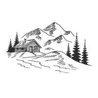 montagne avec des pins et paysage de maison de campagne noir sur fond blanc. pics rocheux dessinés à la main dans le style de croquis. illustration vectorielle.