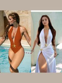 2 Piece Swimsuits for Elegant Women Starfish One Piece Bathing Suits with High Split Skirt Cover ups Sexy Halter Bikini Sets K59